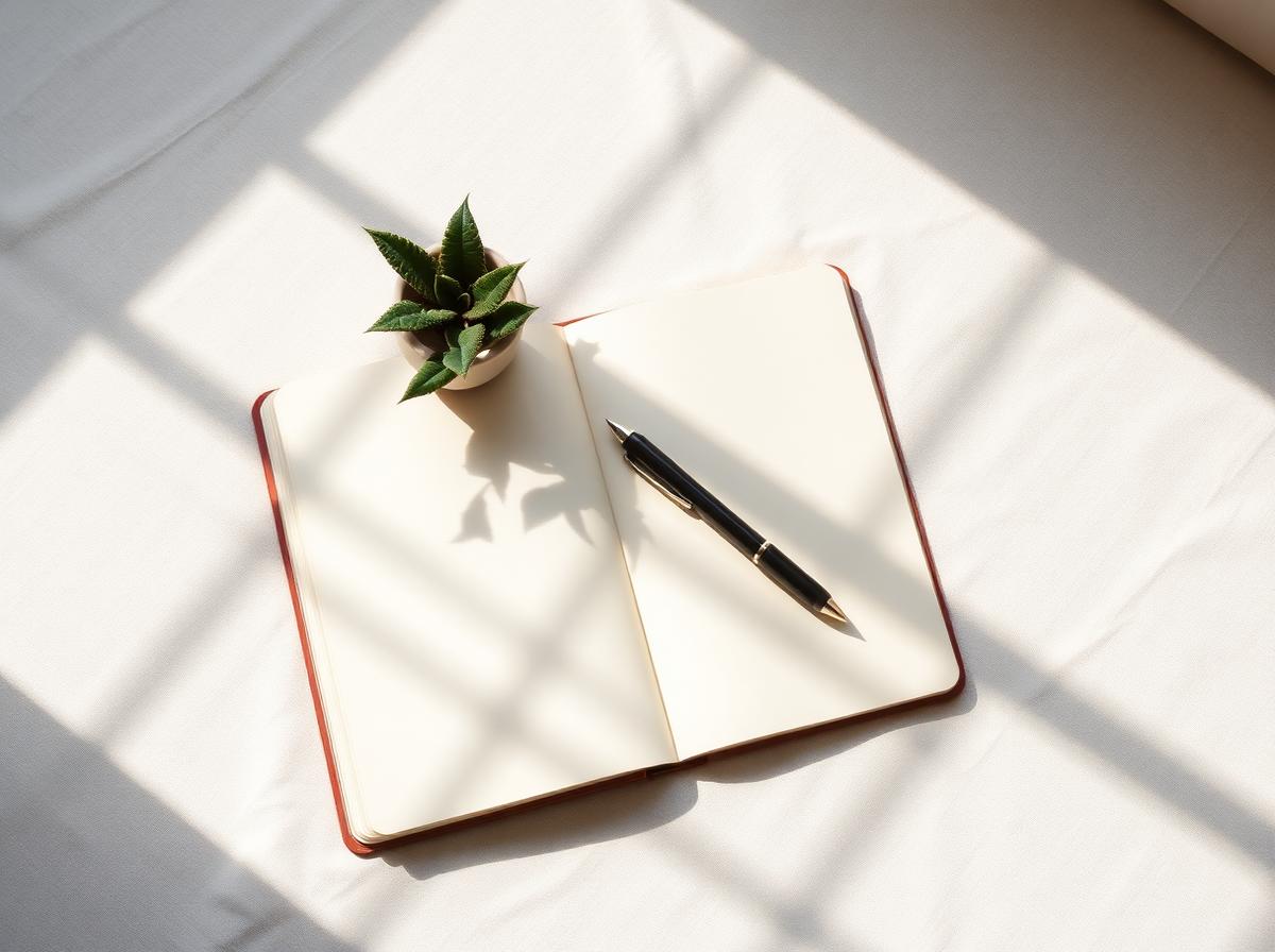 An open notebook and pen on a sunlit linen desk