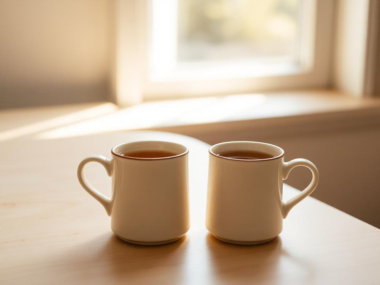 Two ceramic mugs of tea on a sunlit table