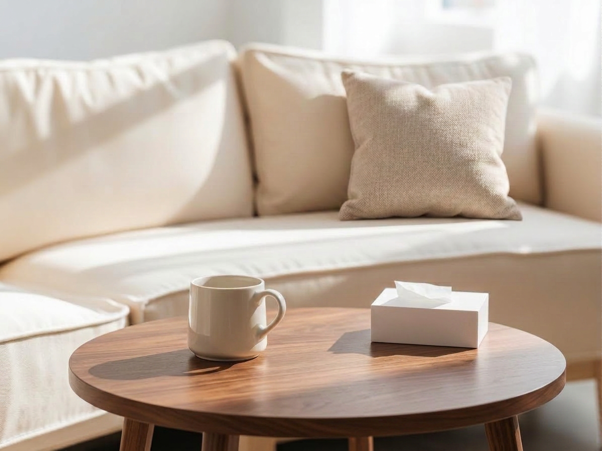 A mug of tea on a linen-draped bench